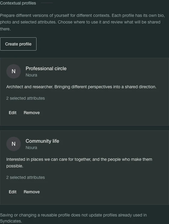 Two independently saved Select profiles for professional and community circles, each with its own bio and selected attributes.