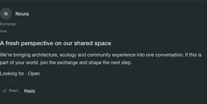 A published Select Exchange inviting perspectives on a shared space.