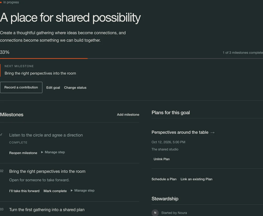 A real Select goal with 33% milestone progress, voluntary participation and a linked Plan.